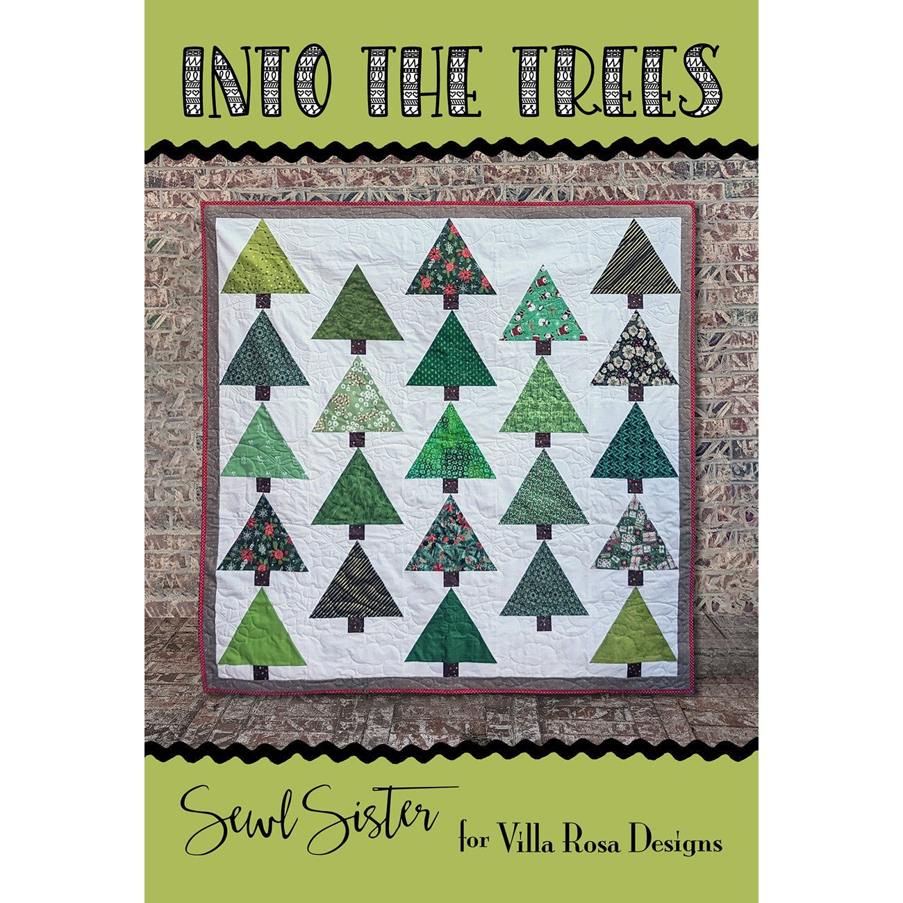 A quilt pattern featuring multiple green Christmas trees in various fabrics arranged in rows on a white background, displayed against a brick wall.