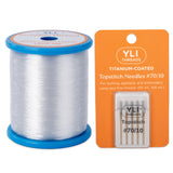 Spool of Invisible Poly thread and package of YLI Titanium-Coated Topstitch Needles on a white background