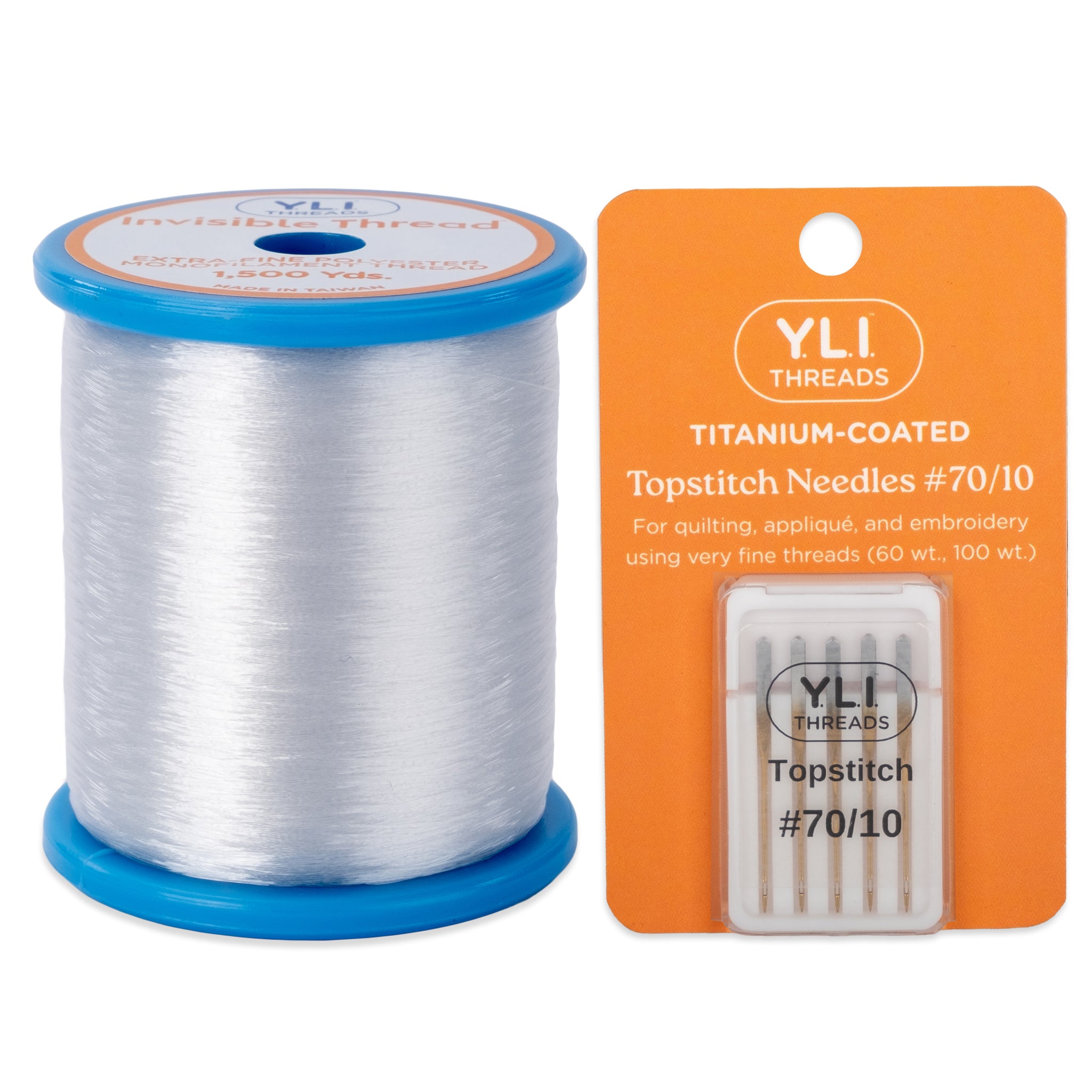 Spool of Invisible Poly thread and package of YLI Titanium-Coated Topstitch Needles on a white background