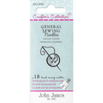 Light blue package of John James General Sewing Needles with pink "Crafter's Collection" branding and illustrated needle and thread design, containing 18 hand sewing needles.