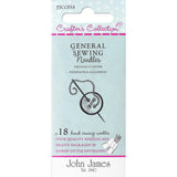 Light blue package of John James General Sewing Needles with pink "Crafter's Collection" branding and illustrated needle and thread design, containing 18 hand sewing needles.