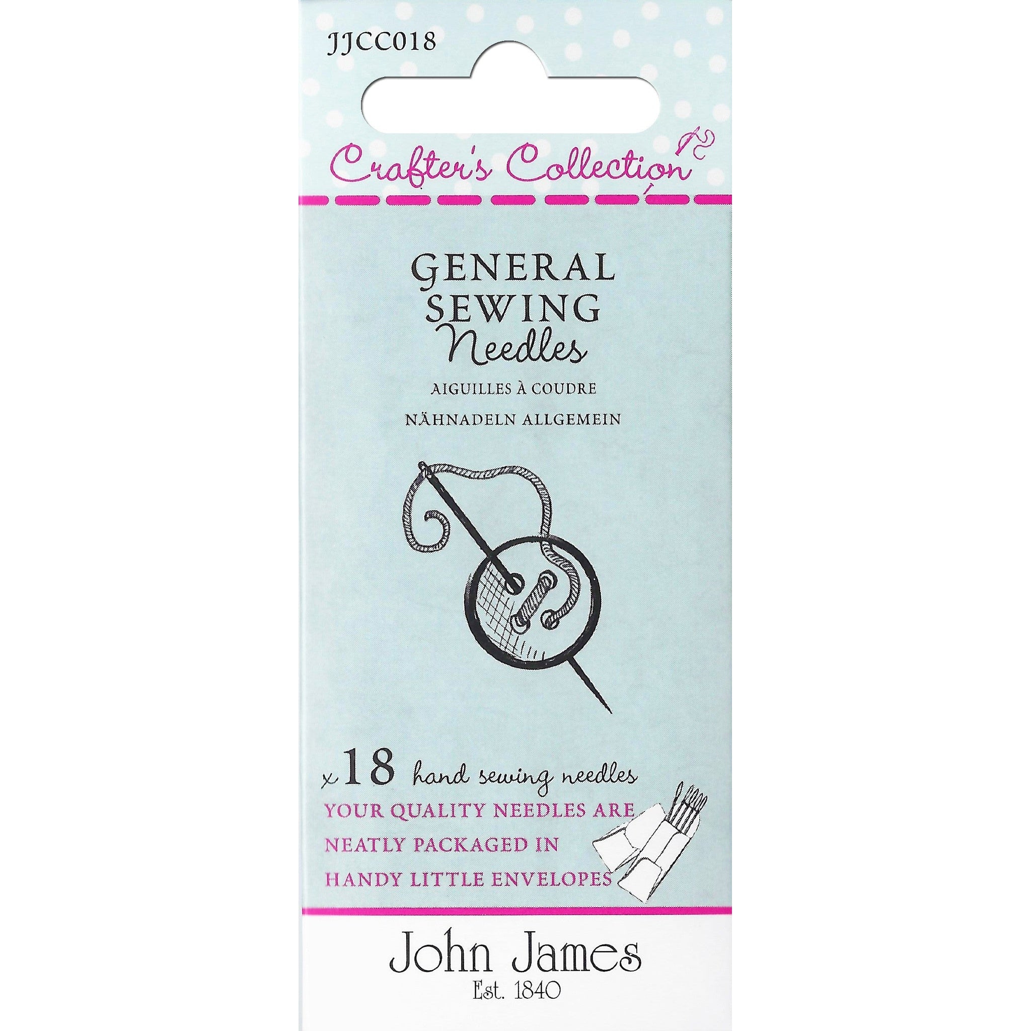 Light blue package of John James General Sewing Needles with pink "Crafter's Collection" branding and illustrated needle and thread design, containing 18 hand sewing needles.