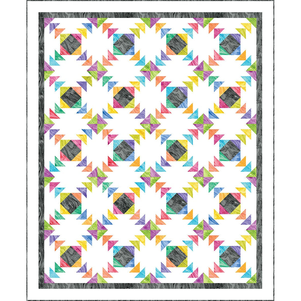 Colorful geometric quilt pattern featuring diamond-shaped blocks with vibrant triangular pieces surrounding dark gray centers, framed by a gray border.