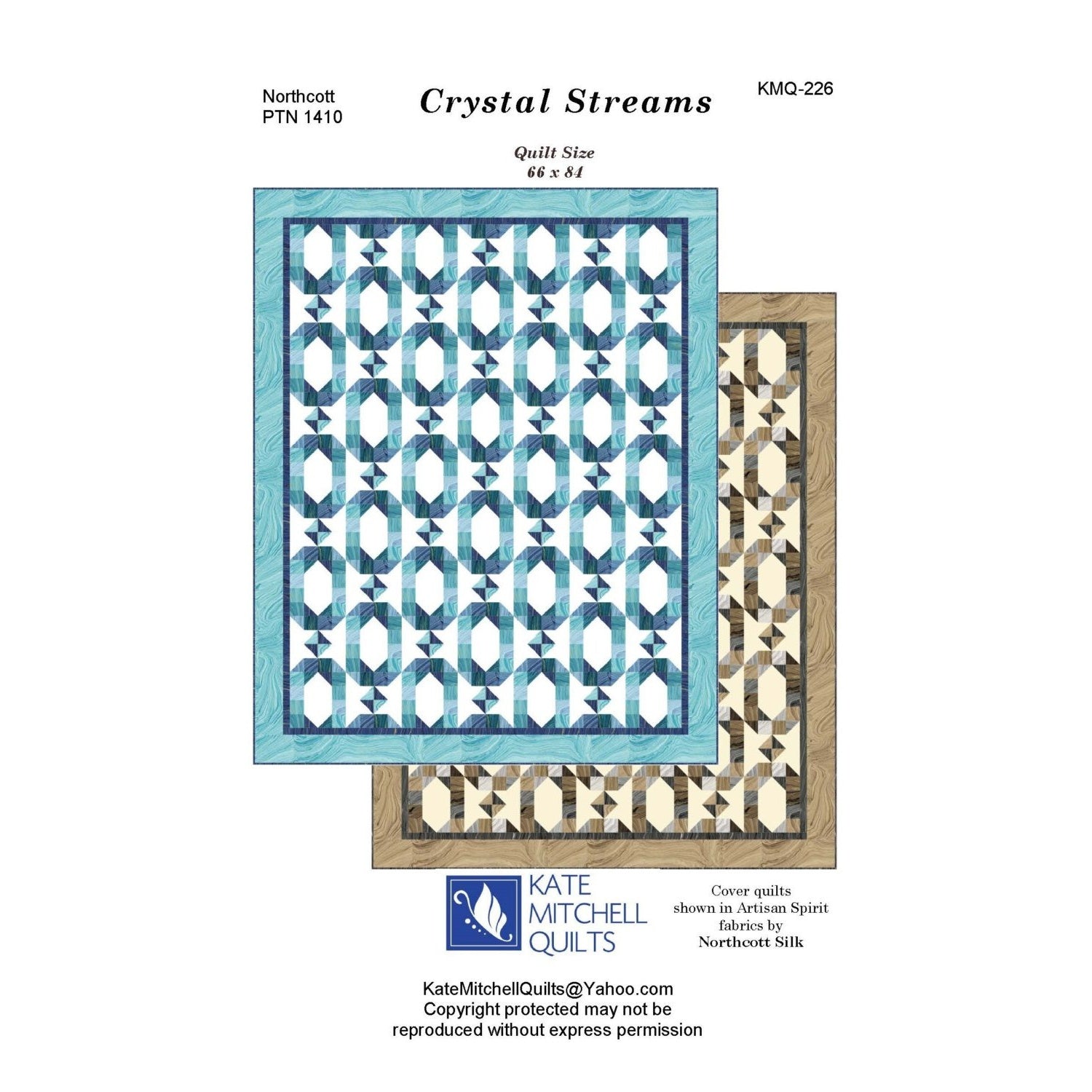 A quilt pattern showing two colorway options - one in blue and teal tones with white diamonds, another in brown and cream with geometric star motifs.
