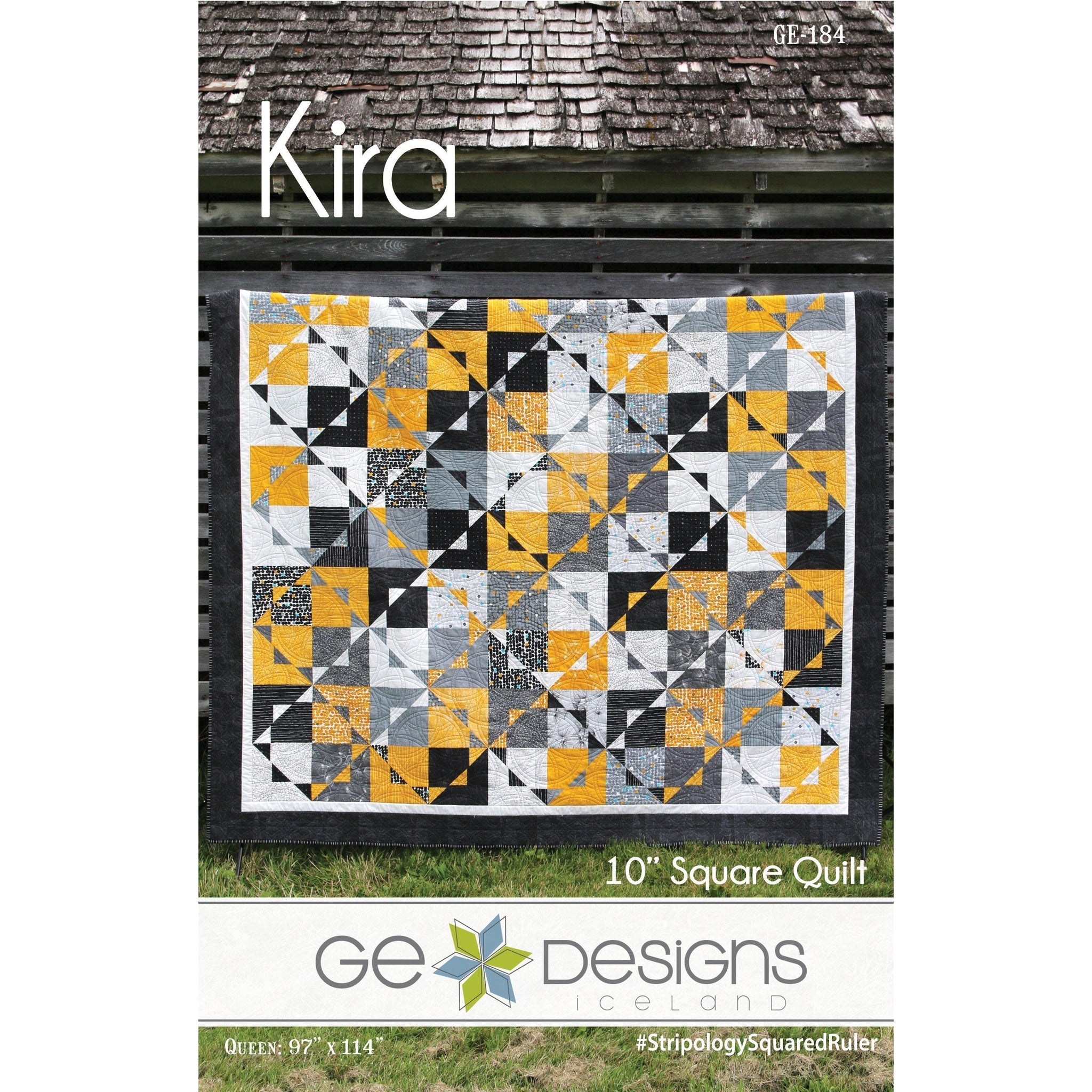 A modern quilt pattern featuring geometric blocks in yellow, gray, black, and white fabrics arranged in a square design.