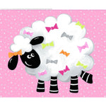 A cute white sheep with black face and striped legs decorated with colorful bows on a pink background with white snowflakes.