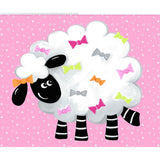 A cute white sheep with black face and striped legs decorated with colorful bows on a pink background with white snowflakes.