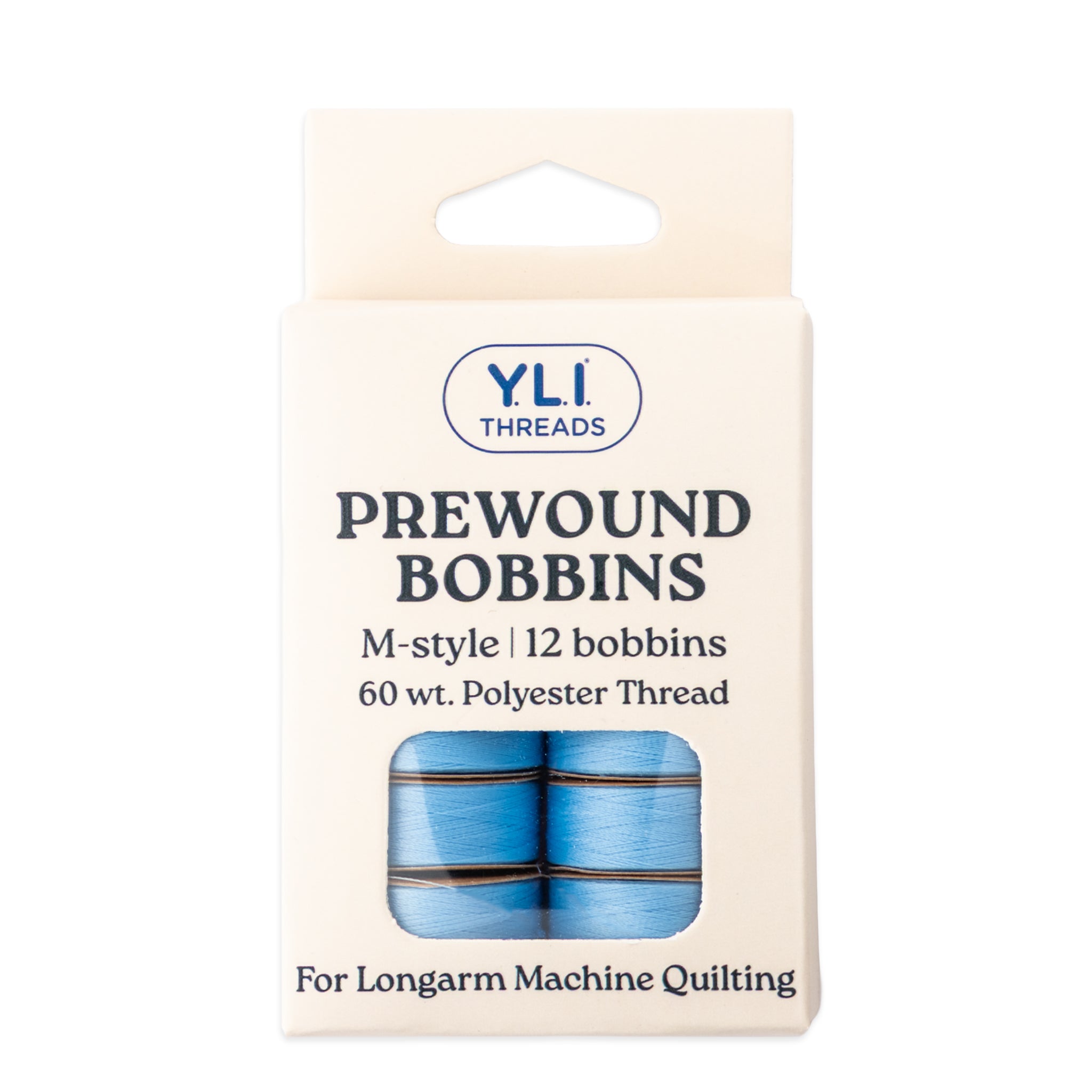 Light blue M-style prewound bobbins for longarm quilting
