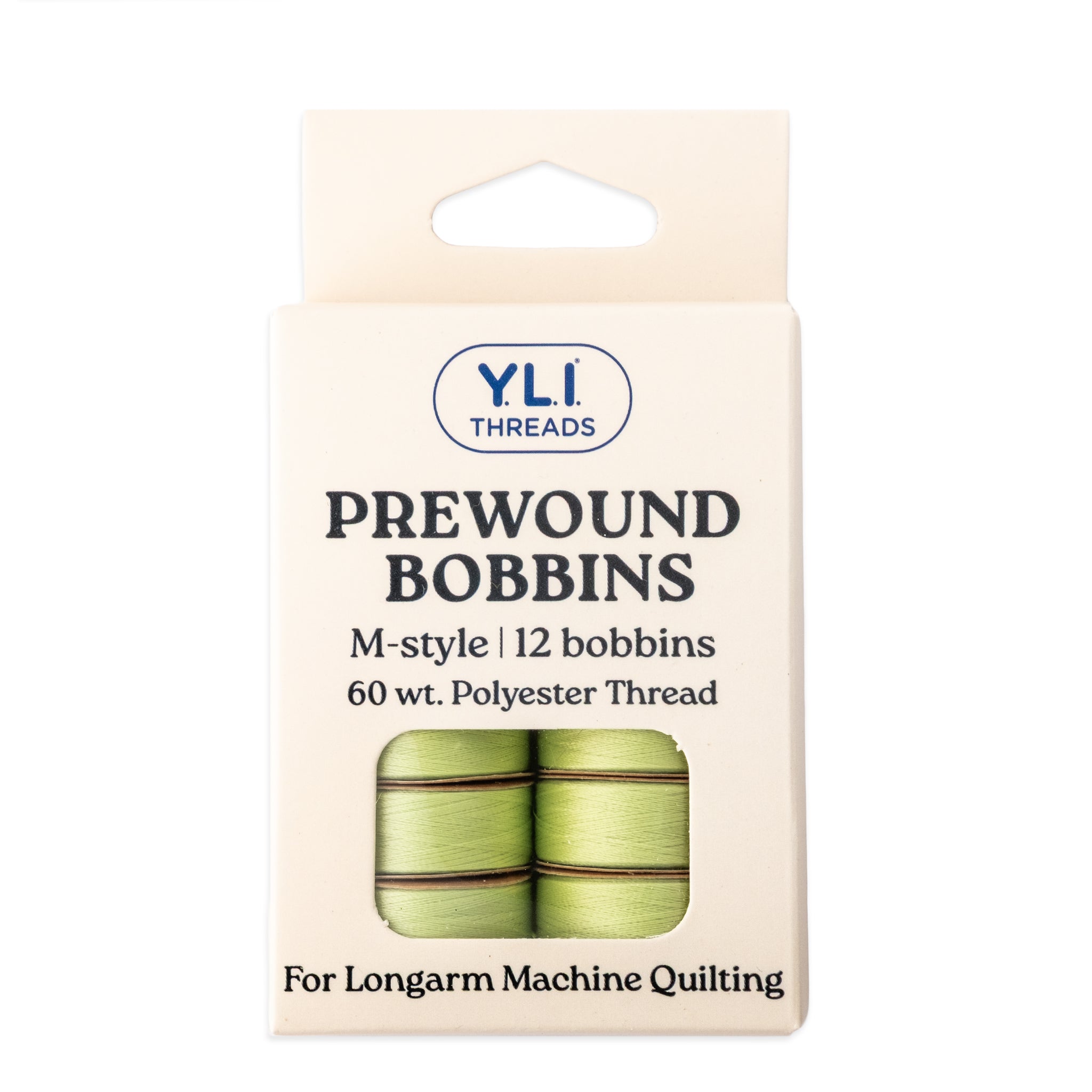 Light green M-style prewound bobbins for longarm quilting