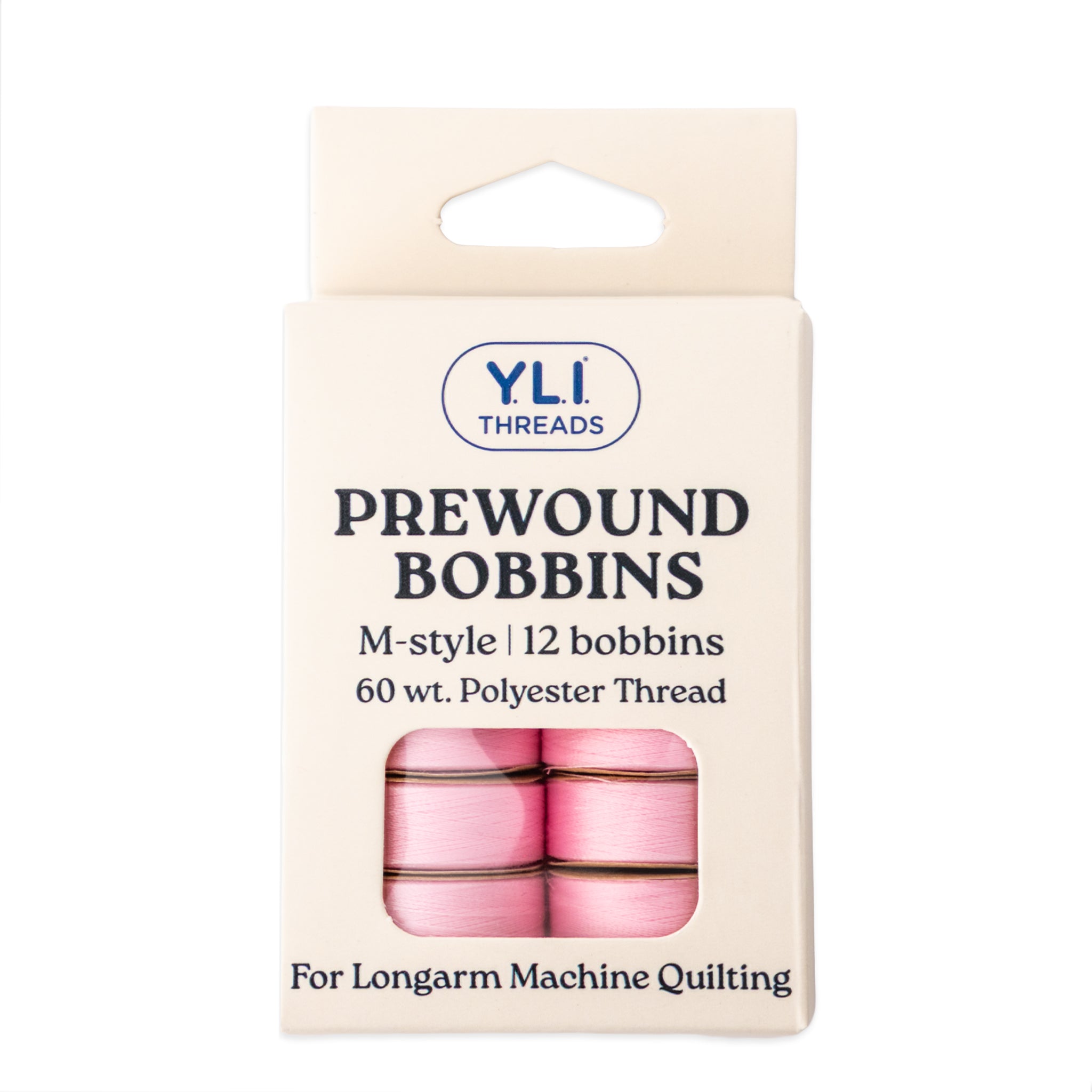 Light pink M-style prewound bobbins for longarm quilting