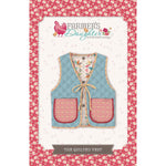 A sewing pattern cover showing a quilted vest design in light blue with red gingham pockets and yellow trim, surrounded by a pink floral border.