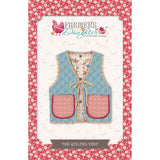 A sewing pattern cover showing a quilted vest design in light blue with red gingham pockets and yellow trim, surrounded by a pink floral border.