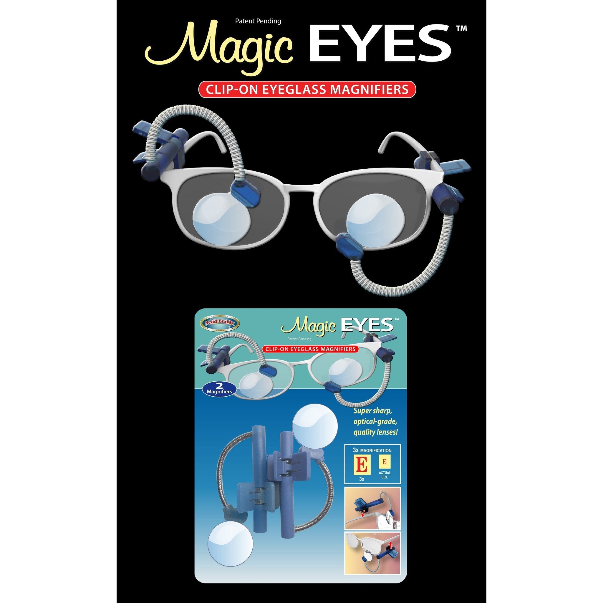 Clip-on eyeglass magnifiers with flexible arms and magnifying lenses attached to white-framed glasses, shown with blue and teal product packaging.