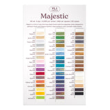 Color card with 50 Majestic thread colors from YLI Threads, showing neutrals to bright shades with names and numbers.