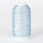 Light blue thread wound on white plastic cone with tapered shape