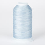 Light blue thread wound on white plastic cone with tapered shape