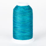 Blue variegated thread cone with multiple shades of turquoise and teal wound in crossing patterns