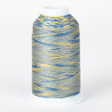Blue and yellow variegated 40 wt thread on white cone with clear plastic top