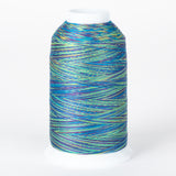 Multicolored variegated thread on white cone featuring blue, green, yellow, and purple strands wound together