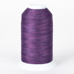 Purple variegated thread cone with heather tones, wound on white plastic cone with visible thread texture