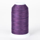 Purple variegated thread cone with heather tones, wound on white plastic cone with visible thread texture