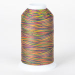Multicolored variegated thread on white cone spool with vibrant rainbow stripes in yellow, purple, orange, and green