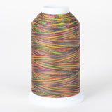 Multicolored variegated thread on white cone spool with vibrant rainbow stripes in yellow, purple, orange, and green