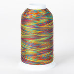 Multicolored variegated thread on white cone spool with rainbow stripes in orange, blue, yellow, red, and green