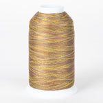 Variegated golden yellow and brown thread on white cone spool with multicolored strands wound in diagonal pattern