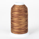 Brown and gold variegated thread on white cone spool with visible thread texture and layered winding pattern