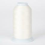 White embroidery thread on large cone spool with pale blue plastic top and bottom caps