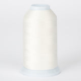 White embroidery thread on large cone spool with pale blue plastic top and bottom caps
