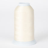 Natural white thread wound on large white cone spool with plastic top and bottom caps