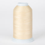 Antique cream thread wound on white plastic cone with clear cap