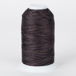 Dark brown and black variegated thread on white plastic cone with multi-toned twisted fibers visible throughout the spool.