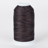 Dark brown and black variegated thread on white plastic cone with multi-toned twisted fibers visible throughout the spool.
