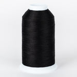 Black thread wound on white plastic cone spool with neat, even thread wrapping