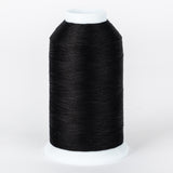 Black thread wound on white plastic cone spool with neat, even thread wrapping
