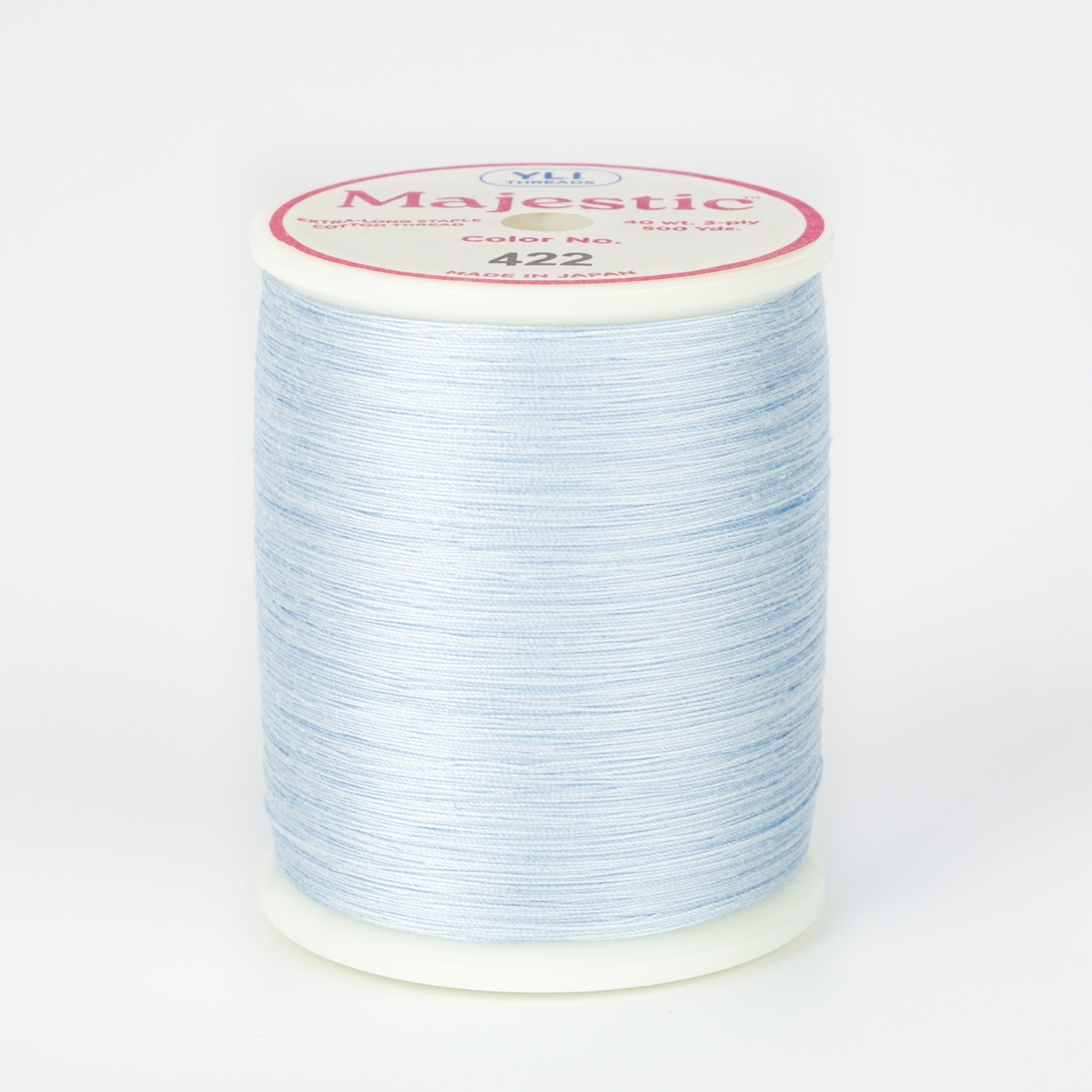 Light blue Majestic thread on white plastic spool with pink and white label showing color number 422