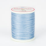Light blue variegated Majestic thread on white spool with pink and white label showing color number 423