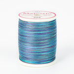 Multicolored variegated thread in blues and purples on white spool with Majestic label, color number 425