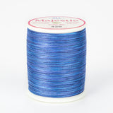 Blue variegated Majestic 40wt thread on white spool with pink and white label showing color number 429