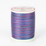 Multicolored variegated thread in blues, purples, and pinks on white plastic spool, Majestic brand, color 431 Treasure Hunt.
