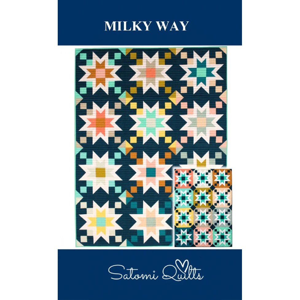 A quilt pattern cover showing a geometric star design in navy, coral, mint, and gold colors, titled "Milky Way" by Satomi Quilts.