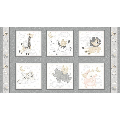 Soft pastel nursery fabric panel featuring six squares with sleeping baby animals including giraffe, zebra, lion, leopard, elephant and unicorn in gray and cream tones.