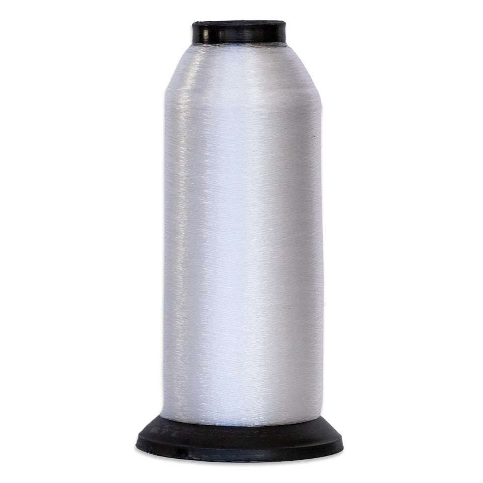 Clear invisible thread on black plastic cone spool with tapered base and cap