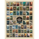 A colorful poster featuring 63 illustrated panels of American National Parks arranged in a grid pattern with vintage-style artwork and a central logo.