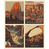 Four vintage-style travel posters featuring Utah's national parks - Capitol Reef, Bryce Canyon, Zion, and Arches - with warm orange and red desert landscapes and iconic rock formations.