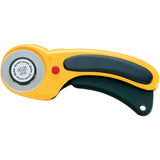 Yellow and black Olfa rotary cutter with 45mm circular blade and ergonomic grip handle.