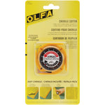 OLFA Chenille Cutter in yellow packaging with orange circular cutting tool featuring black dial and measurement markings.